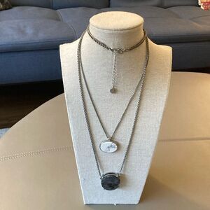 LOFT Silver-Tone Layered Pendant Necklace with White and Gray Stones